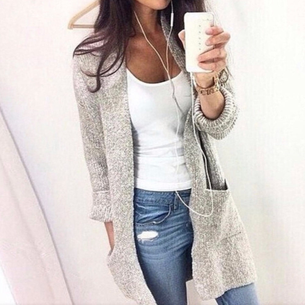 Women’s Long Rib - Knit Light Gray Cardigan with Pockets